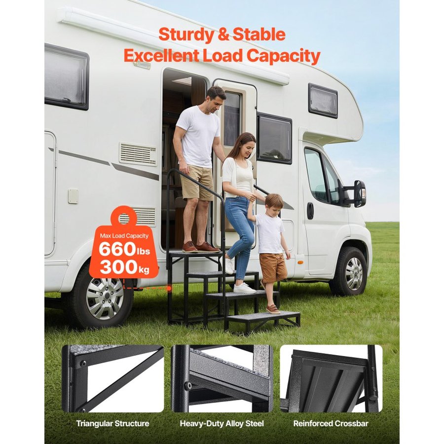 VEVOR RV Steps with Dual Handrails, 4 Steps, 660 lbs Load Capacity, Heavy Duty Outdoor RV Stairs with Non-Slip Mat for Elderly/Pets, Portable Stairs for Hot Tub, Camper, Mobile Home, Porch, Pool, SPA