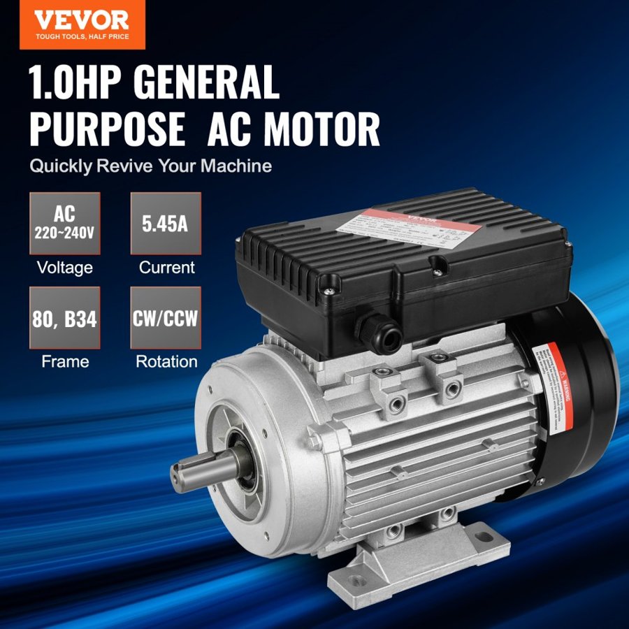 VEVOR 0.75KW Electric Motor 1400 rpm, AC 220~240V 5.45A, 80, B34 Frame, Air Compressor Motor Single Phase, 19mm Keyed Shaft, CW/CCW Rotation for Agricultural Machinery and General Equipment