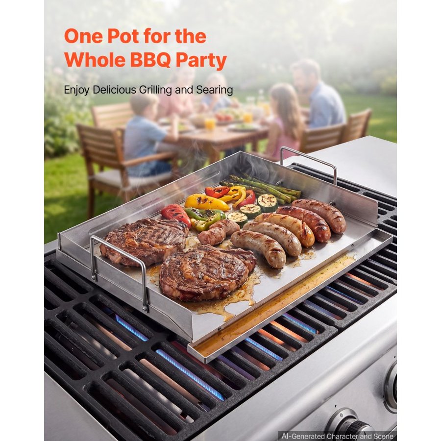VEVOR Stacmless Steel Griddle 46x41 cm Flat Top Outdoor Plate with Handle, for BBQ Eggs Burger, Even Heat Distribution, Portable Rectangular Family Cookware for Gas Grill/Stove and Oven