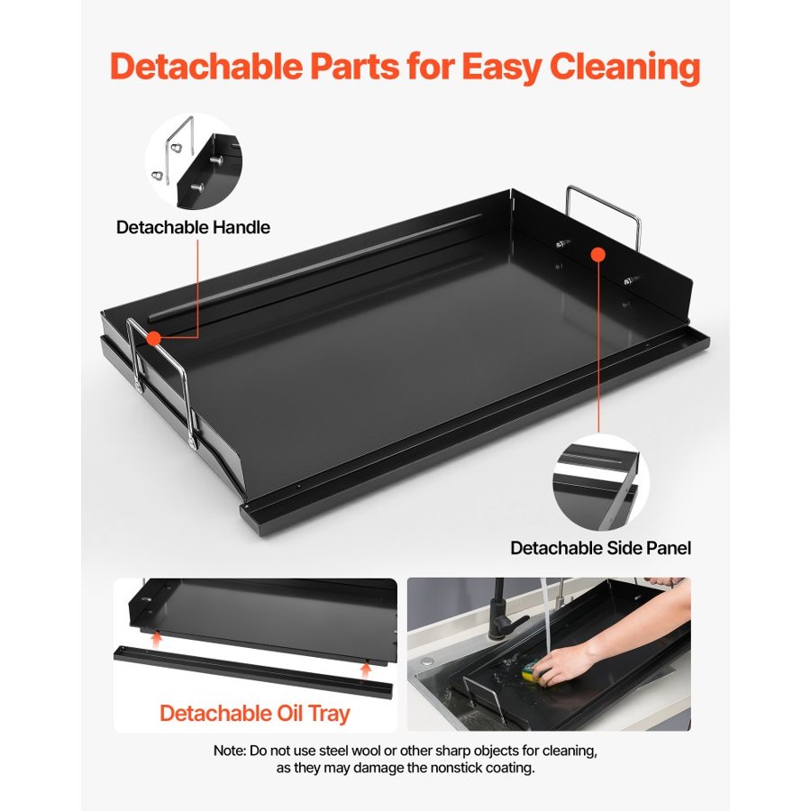 VEVOR Carbon Steel Griddle 61x41 cm Flat Top Pre-Seasoned Plate Handle, for BBQ Eggs Burger, Even Heat Distribution, Non-Stick Portable Rectangular Family Cookware for Outdoor Gas Grill/Stove, Oven