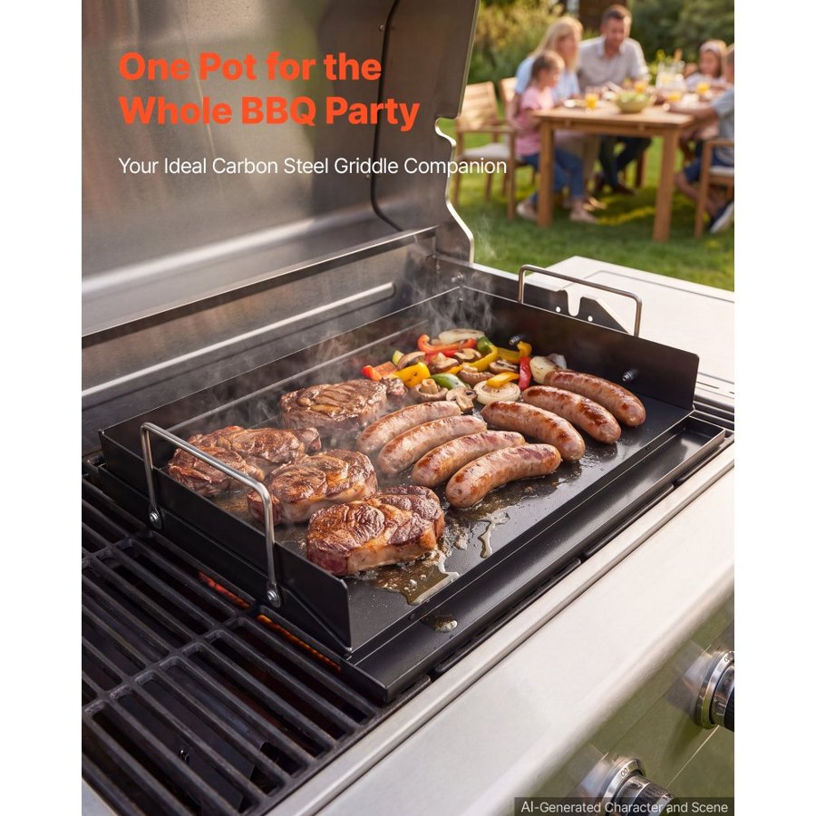 VEVOR Carbon Steel Griddle 43x29 cm Flat Top Pre-Seasoned Plate Handle, for BBQ Eggs Burger, Even Heat Distribution, Non-Stick Portable Rectangular Family Cookware for Outdoor Gas Grill/Stove, Oven
