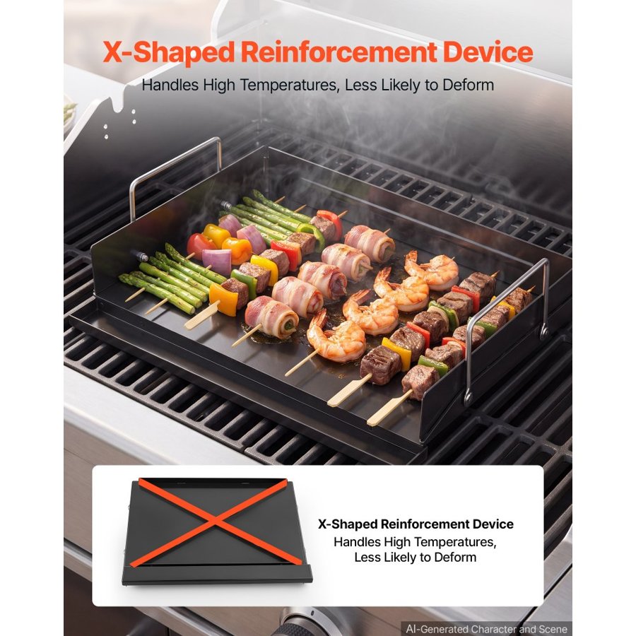 VEVOR Carbon Steel Griddle 43x29 cm Flat Top Pre-Seasoned Plate Handle, for BBQ Eggs Burger, Even Heat Distribution, Non-Stick Portable Rectangular Family Cookware for Outdoor Gas Grill/Stove, Oven