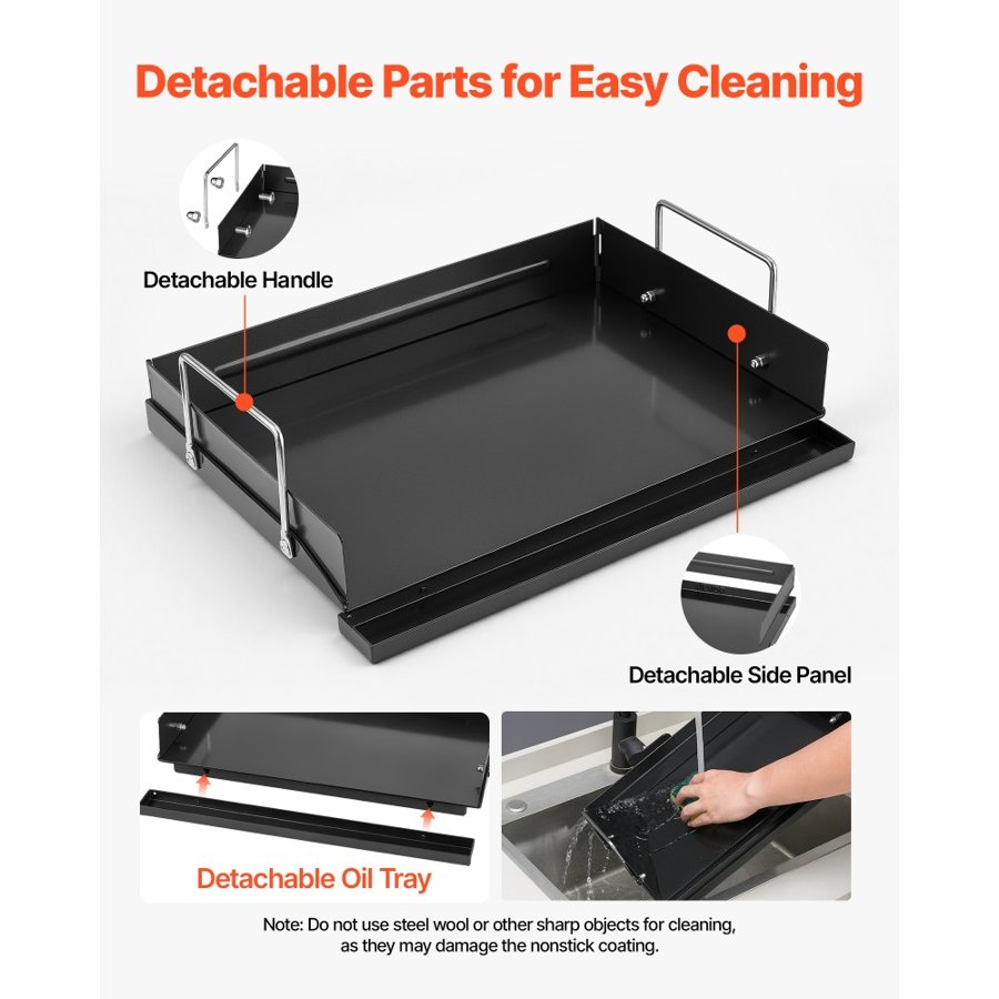 VEVOR Carbon Steel Griddle 43x29 cm Flat Top Pre-Seasoned Plate Handle, for BBQ Eggs Burger, Even Heat Distribution, Non-Stick Portable Rectangular Family Cookware for Outdoor Gas Grill/Stove, Oven