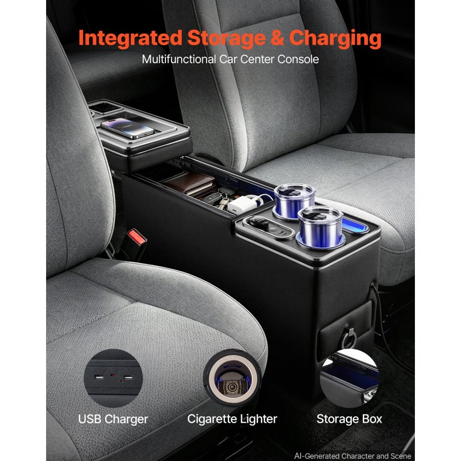 VEVOR Center Console Storage Box Between Seat with 7-Color Ambient Lights, USB/Type-C/Cigarette Lighter Charging, Floor Console Tools Organizer with Cups & Phone Holder for Trucks, SUVs, Minivans