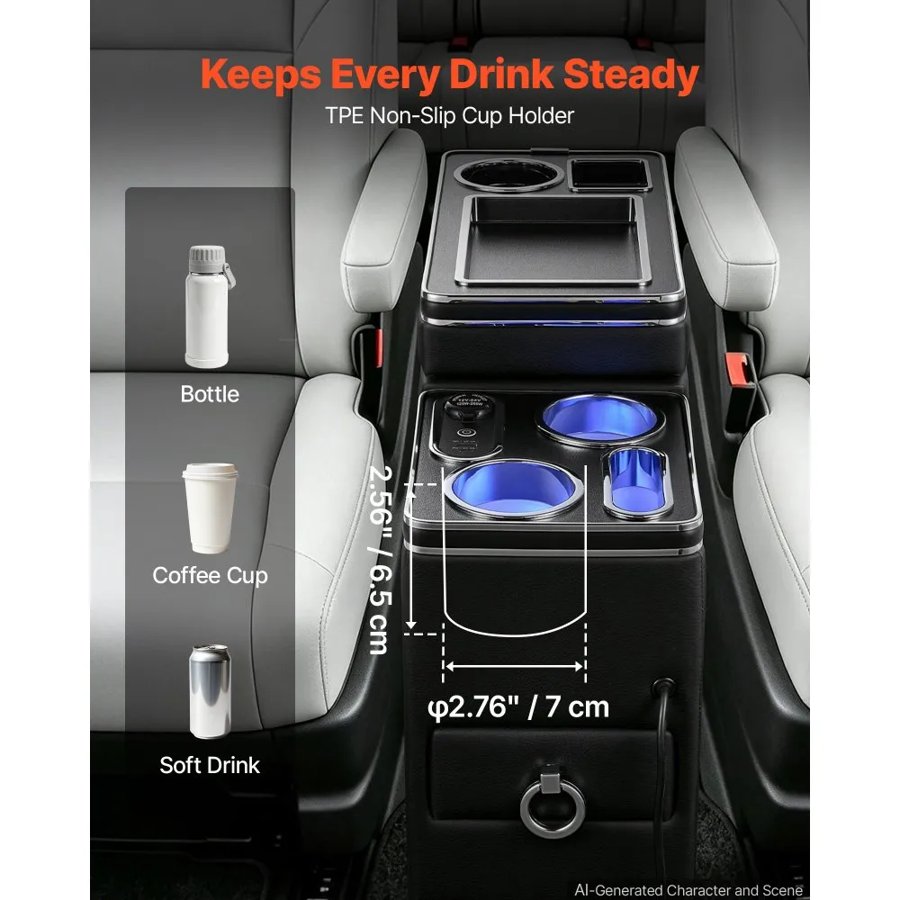 VEVOR Center Console Storage Box Between Seat with 7-Color Ambient Lights, USB/Type-C/Cigarette Lighter Charging, Floor Console Tools Organizer with Cups & Phone Holder for Trucks, SUVs, Minivans