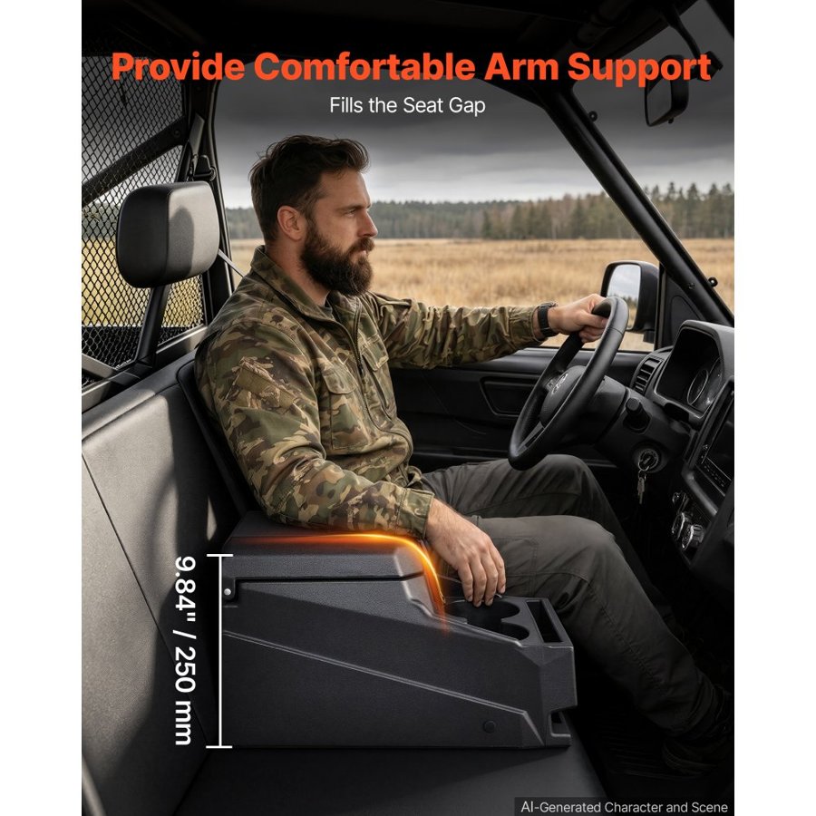 VEVOR UTV Center Console Bench Seat Box Lockable Armrest Storage Box, HDPE Central Console Tools Organizer with Cups and Phone Holder - Compatible with Polaris Ranger & 2017-2026 Can-Am Defender