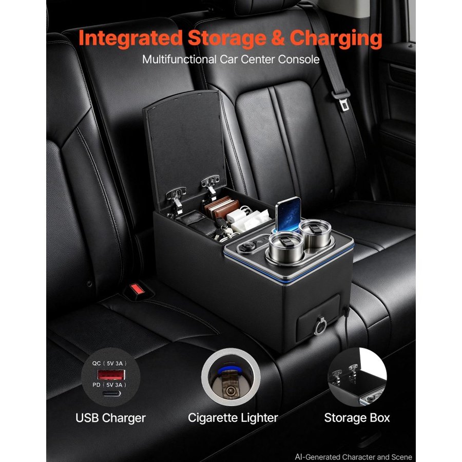 VEVOR Universal Rear Bench Seat Center Console with 7-Color Ambient Lights, USB/Type-C/Cigarette Lighter Charging, Back Seat Central Console Organizer with Cup & Phone Holders for MPV, Sedan, SUV