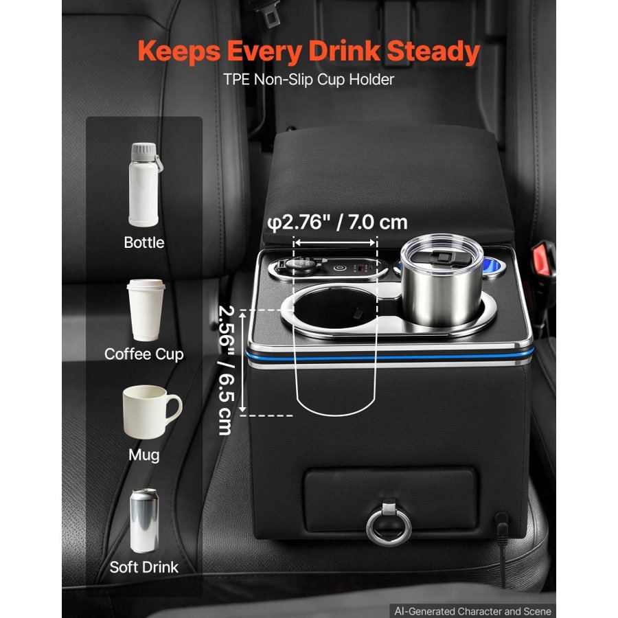 VEVOR Universal Rear Bench Seat Center Console with 7-Color Ambient Lights, USB/Type-C/Cigarette Lighter Charging, Back Seat Central Console Organizer with Cup & Phone Holders for MPV, Sedan, SUV