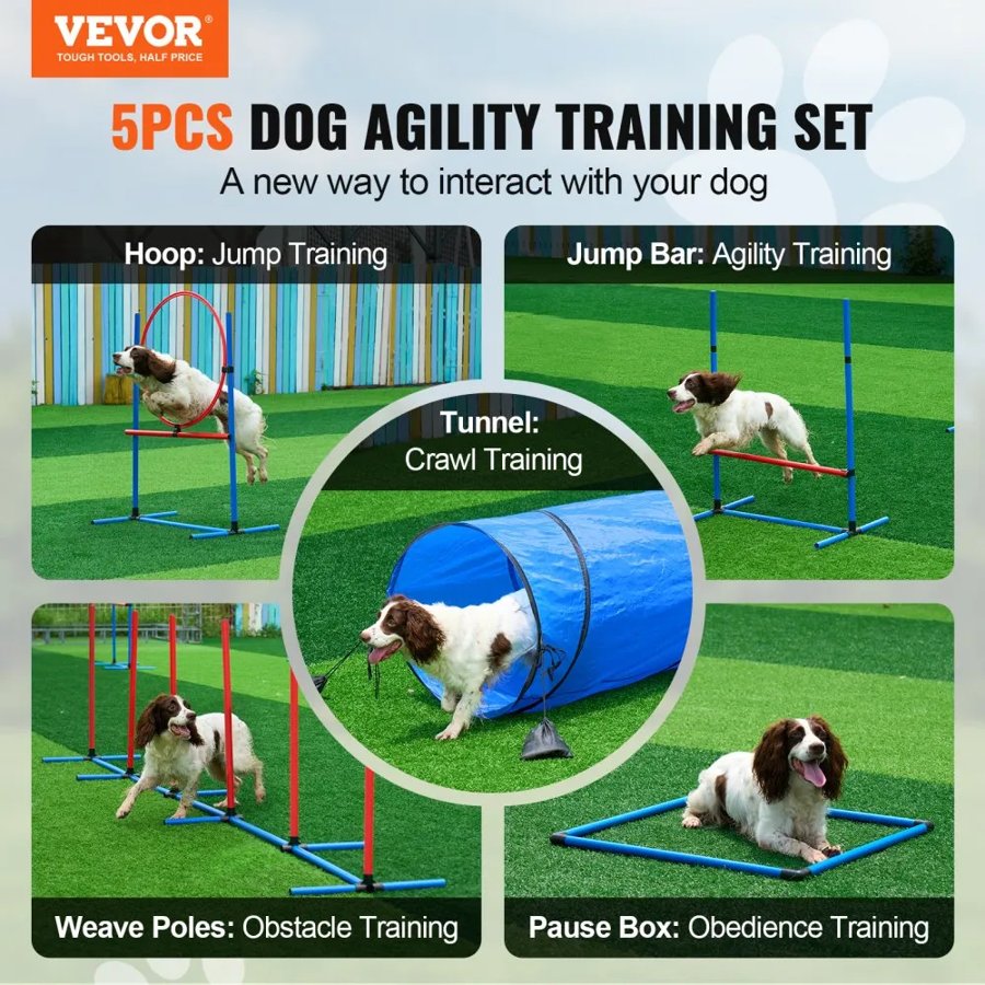 VEVOR Dog Agility Training Equipment, 5 PCS Set with Adjustable High Hurdles,6 Weave Poles, Tunnel, Jump Ring, Pause Box, Whistle, Foldable Bowl, Puppy Obstacle Course Kit with Storage Bags