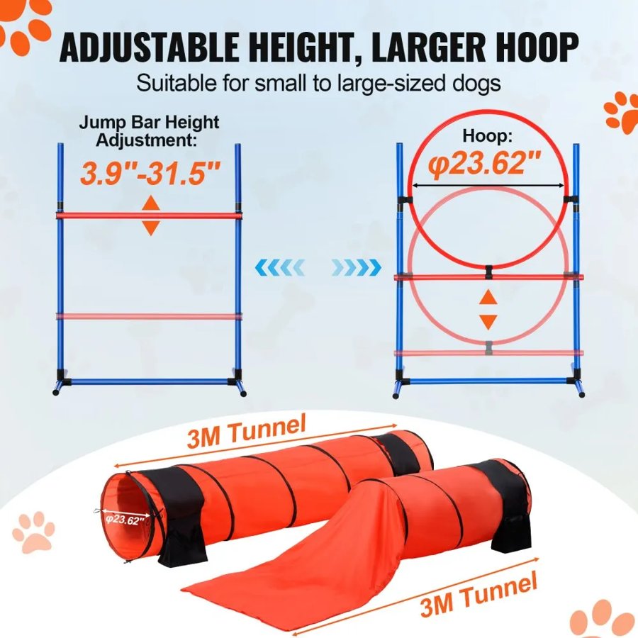 VEVOR Dog Agility Training Equipment, 7 PCS Set Upgrade w/ Adjustable High Hurdles,6 Weave Poles,2 Tunnels,Jump Ring,Pause Box,Whistle,Foldable Bowl,Puppy Obstacle Course Kit w/ 3 Bags
