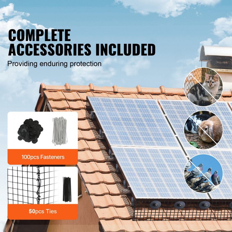 VEVOR 15 x 3048 cm Solar Panel Bird Guard, Critter Guard Roll Kit with 100pcs Aluminum Alloy Fasteners, Solar Panel Guard with Rust-proof PVC Coating, 12.7 mm Wire Roll Mesh