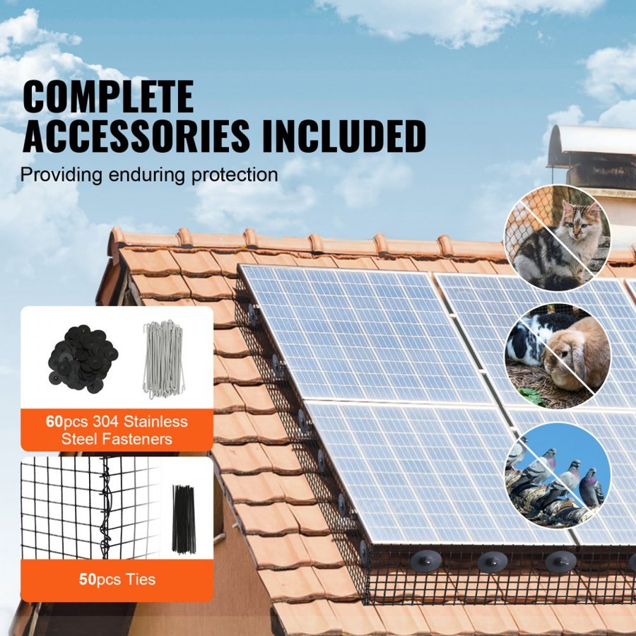 VEVOR 15.24 x 3048 cm Solar Panel Bird Guard, Critter Guard Roll Kit with 60pcs Aluminum Alloy Fasteners, Solar Panel Guard with Rust-proof PVC Coating, 12.7 mm Wire Roll Mesh