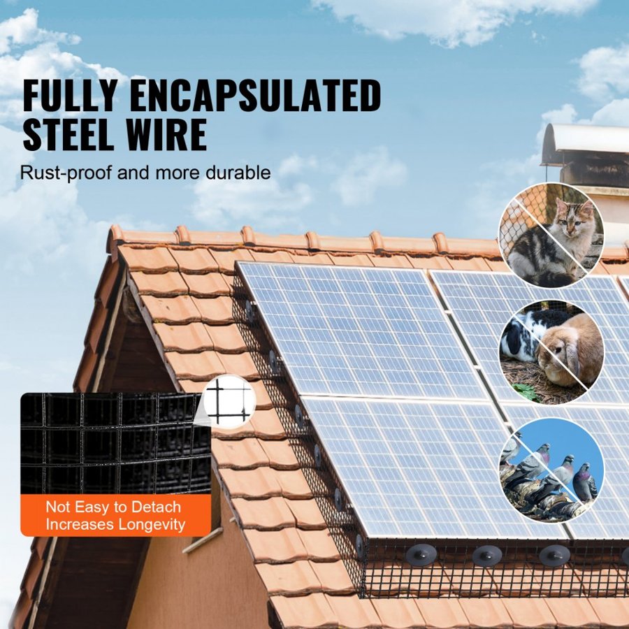 VEVOR 20 x 3048 cm Solar Panel Bird Guard, Critter Guard Roll Kit with Rust-proof PVC Coating, Solar Panel Guard with 50pcs Tire Wires, 12.7 mm Wire Roll Mesh