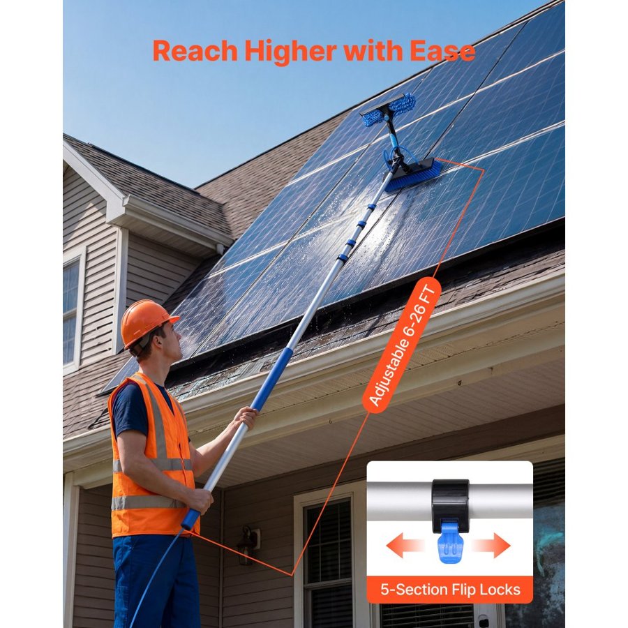 VEVOR Solar Panel Cleaning Kit, 7.885 m, Water Fed Pole Kit with Cleaning Brush, Soap Dispenser, Extendable Aluminum Telescopic Pole, 180° Rotatable Brush Head, for Roof Mounted Solar Panels, Windows