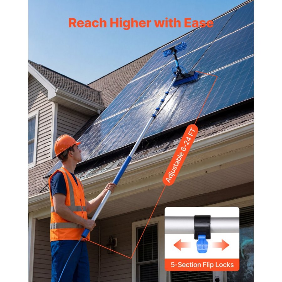 VEVOR Solar Panel Cleaning Kit, 7.365 m, Water Fed Pole Kit with Cleaning Brush, Soap Dispenser, Extendable Aluminum Telescopic Pole, 180° Rotatable Brush Head, for Roof Mounted Solar Panels, Windows