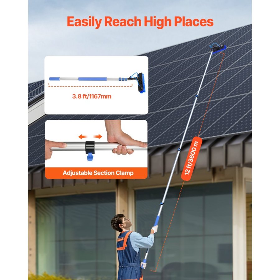 VEVOR Water Fed Pole Kit, 3.6m Solar Panel Cleaning Pole with Extendable Handle, 180° Rotatable Brush Head & 20m Hose, Household & Outdoor Window Cleaner Tool for Caravan Solar Panel Deck