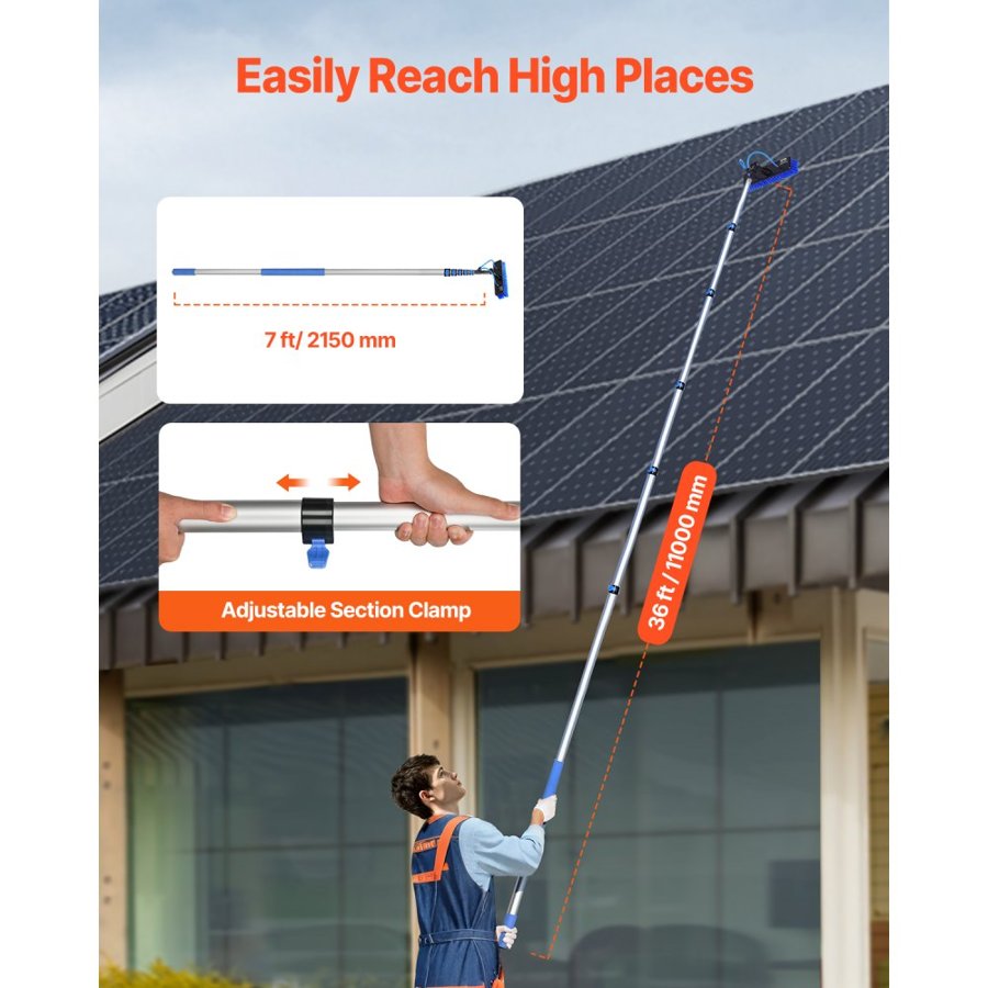 VEVOR Water Fed Pole Kit, 11m Solar Panel Cleaning Pole with Extendable Handle, 180° Rotatable Brush Head & 20m Hose, Household & Outdoor Window Cleaner Tool for Caravan Solar Panel Deck