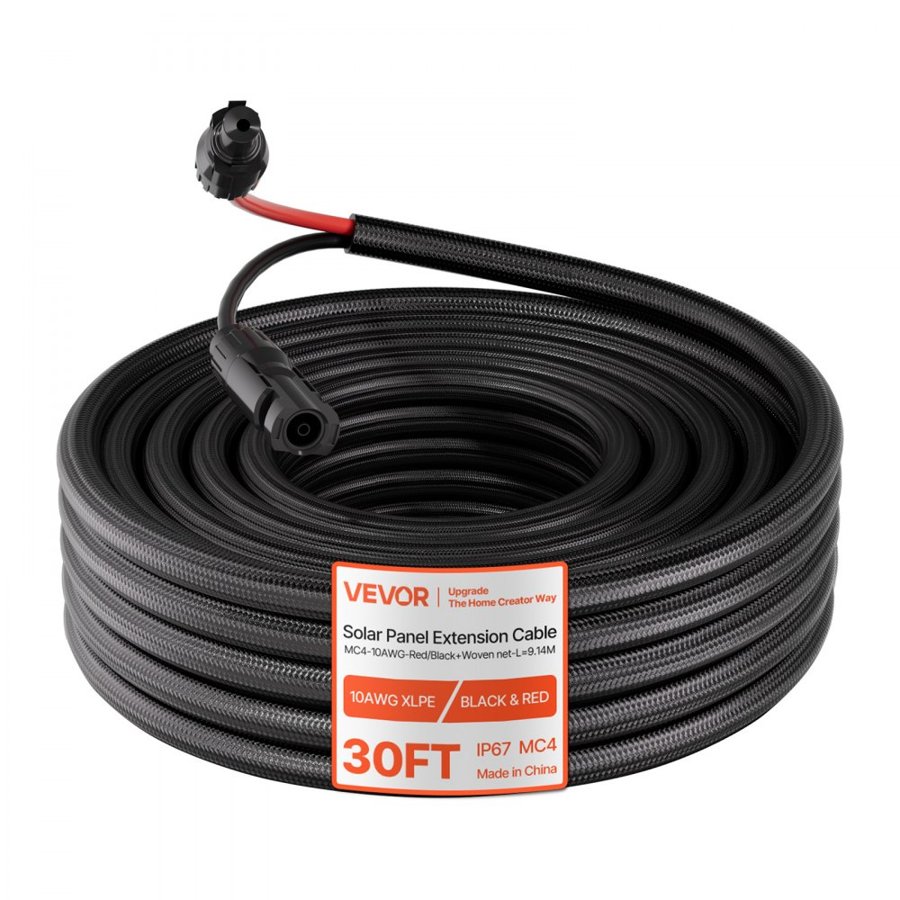VEVOR 9.14 m Solar Panel Extension Cable, 10 AWG, Solar Panel Wire with Flame Retardant Protective Sleeving, Female and Male Connectors, IP67 Waterproof PV Wire, for Outdoor Automotive RV, Black & Red