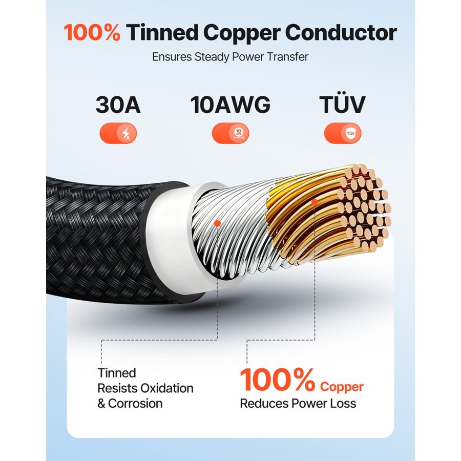VEVOR 9.14 m Solar Panel Extension Cable, 10 AWG, Solar Panel Wire with Flame Retardant Protective Sleeving, Female and Male Connectors, IP67 Waterproof PV Wire, for Outdoor Automotive RV, Black & Red