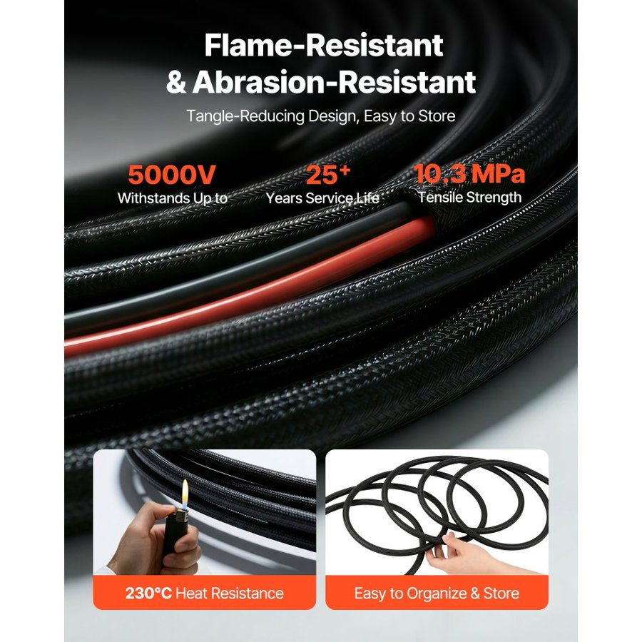 VEVOR 9.14 m Solar Panel Extension Cable, 10 AWG, Solar Panel Wire with Flame Retardant Protective Sleeving, Female and Male Connectors, IP67 Waterproof PV Wire, for Outdoor Automotive RV, Black & Red