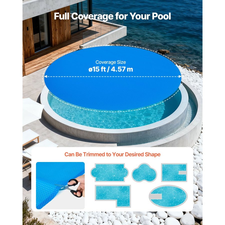 VEVOR 15 Foot Round Solar Pool Cover – 12 Mil Bubble