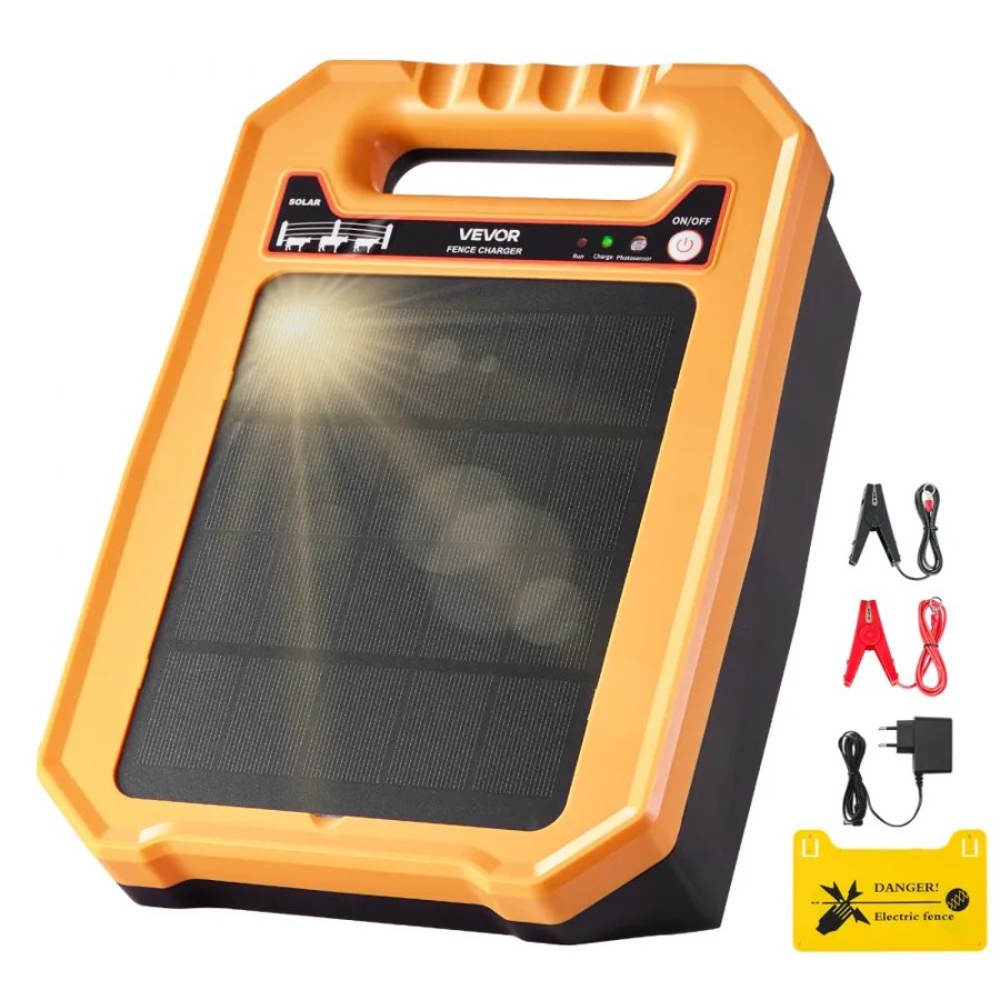 VEVOR Solar Fence Charger,  0.3J 8 kV Solar Powered Fence Charger, 3KM Range, Weather-Resistant Electric Fence Energizer Kit, 7 Days Runtime, for Livestock, Poultry, Garden Protection