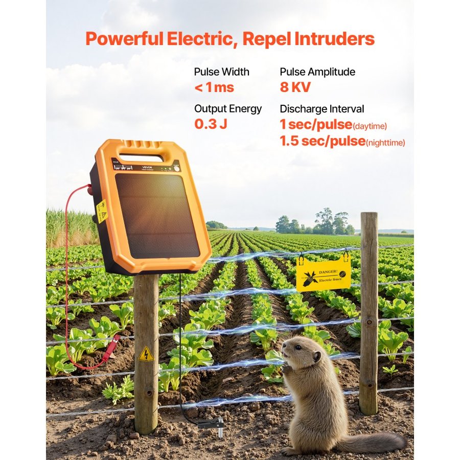 VEVOR Solar Fence Charger,  0.3J 8 kV Solar Powered Fence Charger, 3KM Range, Weather-Resistant Electric Fence Energizer Kit, 7 Days Runtime, for Livestock, Poultry, Garden Protection