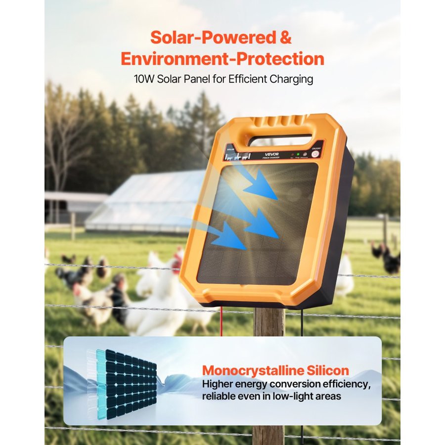 VEVOR Solar Fence Charger,  0.3J 8 kV Solar Powered Fence Charger, 3KM Range, Weather-Resistant Electric Fence Energizer Kit, 7 Days Runtime, for Livestock, Poultry, Garden Protection