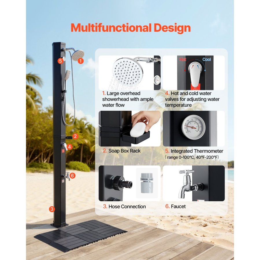 VEVOR 40L Solar Heated Shower, 205cm Showerhead Height Outdoor Shower, with Floor Kit & Handheld & Foot Faucet, Hot & Cold Water Adjust, Freestanding for Backyard Poolside Beach Pool,Black