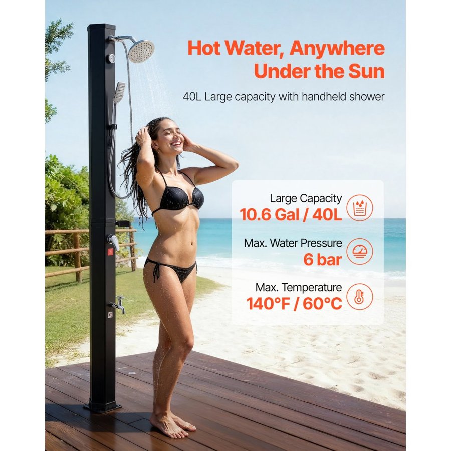 VEVOR 40L Solar Heated Shower, 205cm Showerhead Height Outdoor Shower, with Handheld & Foot Faucet, Hot & Cold Water Adjustment, Freestanding for Backyard Poolside Beach Pool, Black