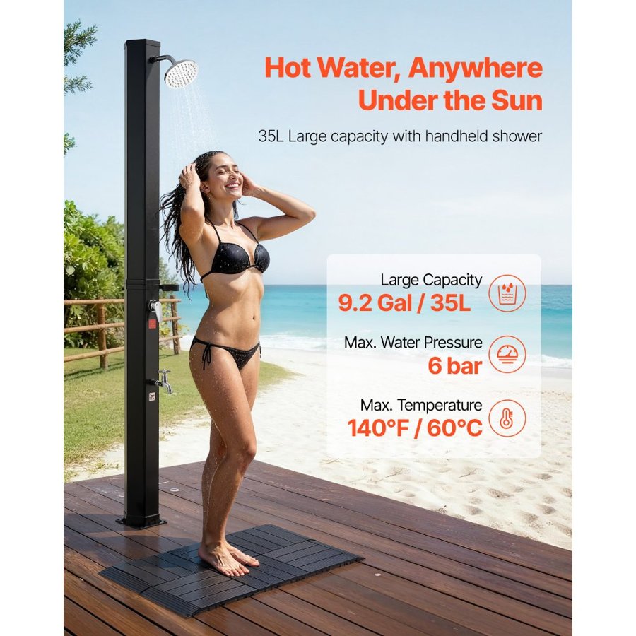 VEVOR 35L Solar Heated Shower, 195cm Showerhead Height Outdoor Shower, with Floor Kit & Foot Faucet, Hot & Cold Water Adjustment, Freestanding for Backyard Poolside Beach Pool,Black