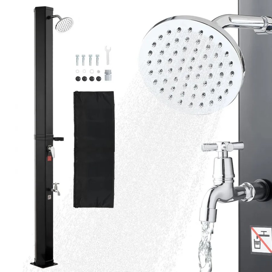 VEVOR 35L Solar Heated Shower, 195cm Showerhead Height Outdoor Shower, with Foot Faucet & Soap Box Rack, Hot & Cold Water Adjustment, Freestanding for Backyard Poolside Beach Pool,Black