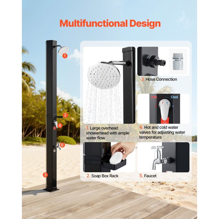 VEVOR 35L Solar Heated Shower, 195cm Showerhead Height Outdoor Shower, with Foot Faucet & Soap Box Rack, Hot & Cold Water Adjustment, Freestanding for Backyard Poolside Beach Pool,Black