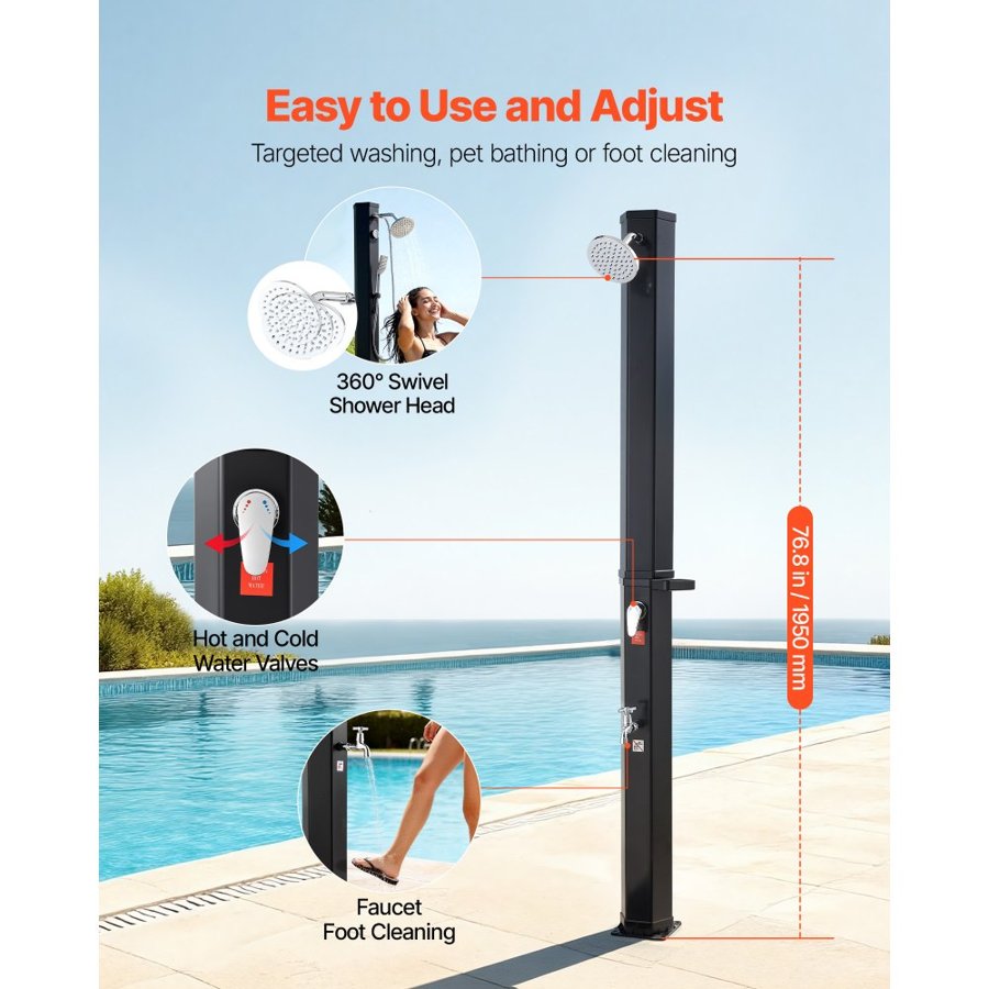 VEVOR 35L Solar Heated Shower, 195cm Showerhead Height Outdoor Shower, with Foot Faucet & Soap Box Rack, Hot & Cold Water Adjustment, Freestanding for Backyard Poolside Beach Pool,Black