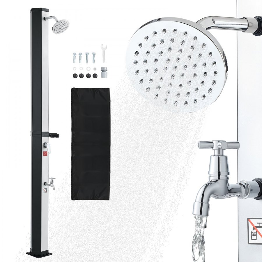 VEVOR 35L Solar Heated Shower, 195cm Showerhead Height Outdoor Shower, with Foot Faucet & Soap Box Rack, Hot & Cold Water Adjustment, Freestanding for Backyard Poolside Beach Pool,Black Silver