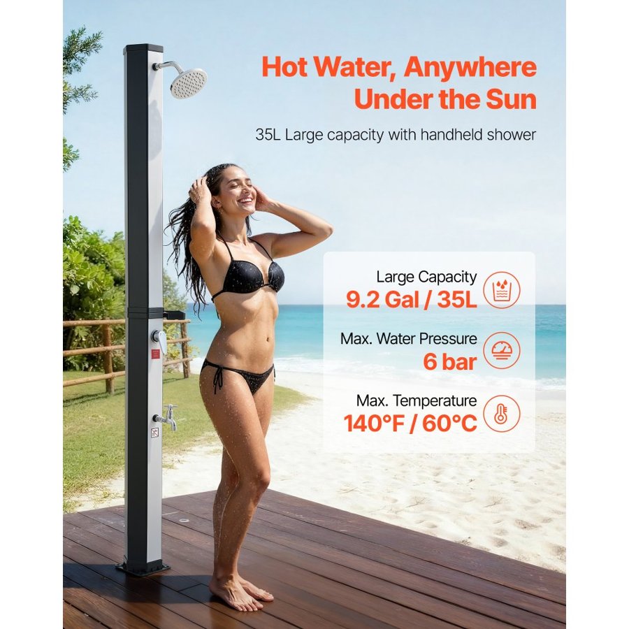 VEVOR 35L Solar Heated Shower, 195cm Showerhead Height Outdoor Shower, with Foot Faucet & Soap Box Rack, Hot & Cold Water Adjustment, Freestanding for Backyard Poolside Beach Pool,Black Silver