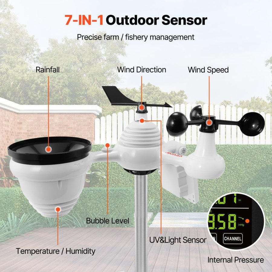 VEVOR 7 in 1 WiFi Weather Station – 7.5" Display, 2.9 lbs