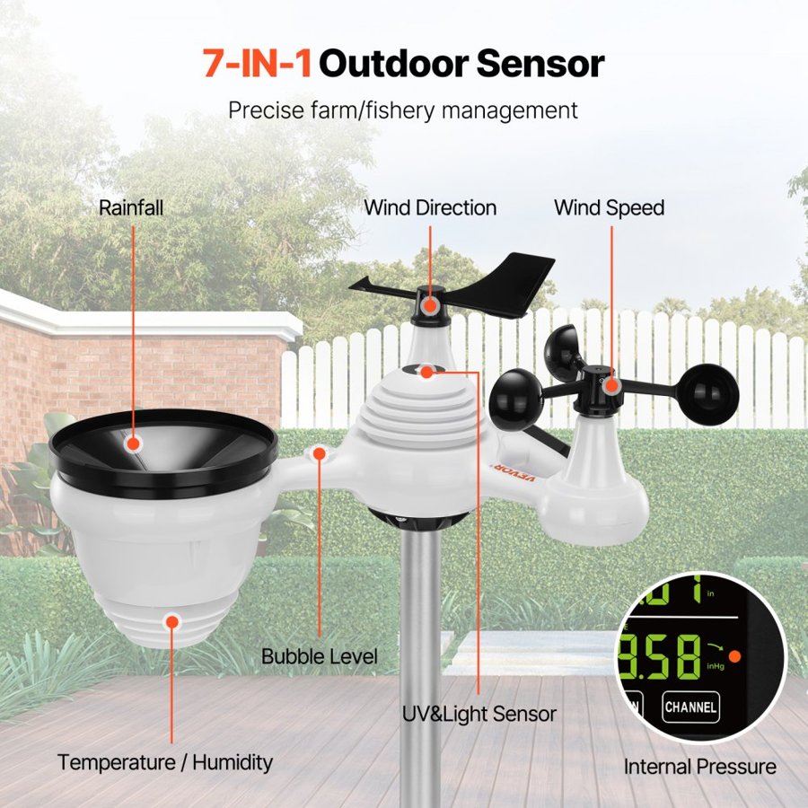 VEVOR Solar Wireless Weather Station – 7-in-1, 7.5" Display