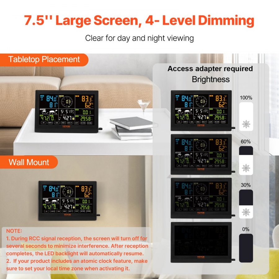 VEVOR Solar Wireless Weather Station – 7-in-1, 7.5" Display
