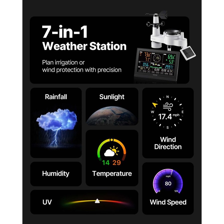 VEVOR Digital Weather Stations for Home – 7-in-1, 7.5" VA