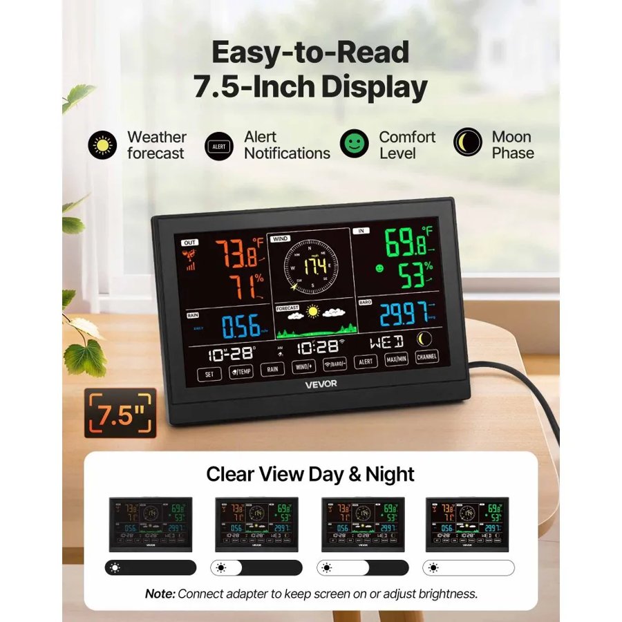 VEVOR Solar Powered Wireless Weather Station – 7.5" Display