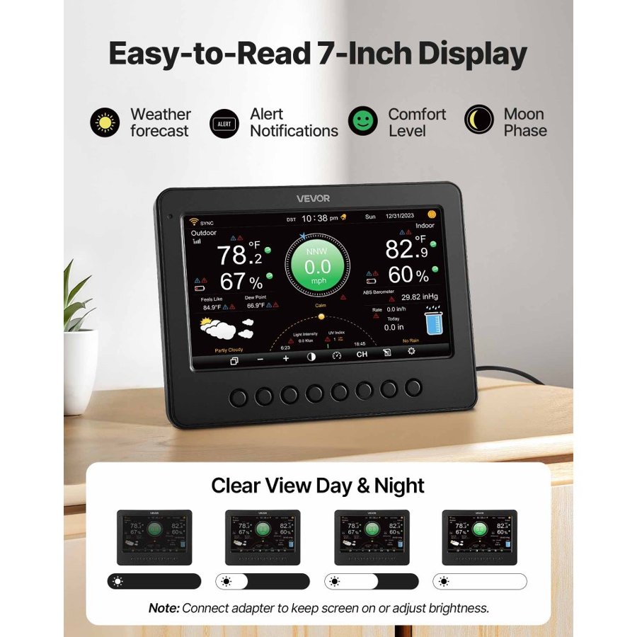 VEVOR Indoor Outdoor Home Weather Station – 7-in-1, 328 ft