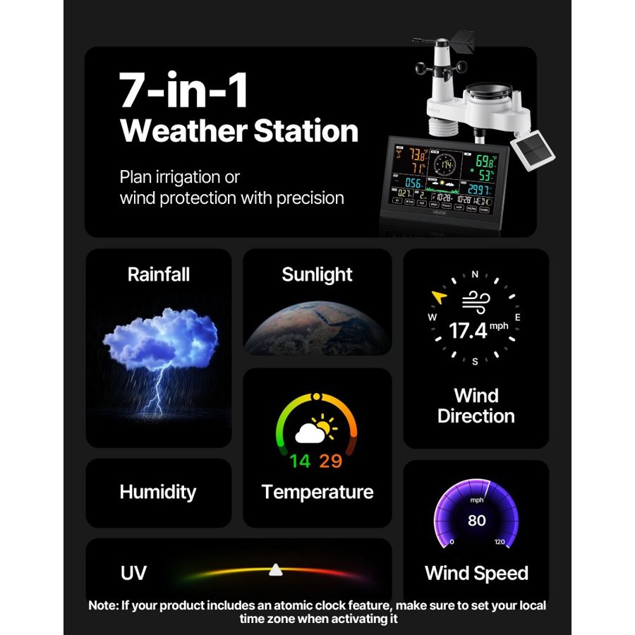VEVOR Wireless Weather Station – 7-in-1, UV, 7.5 Inches VA