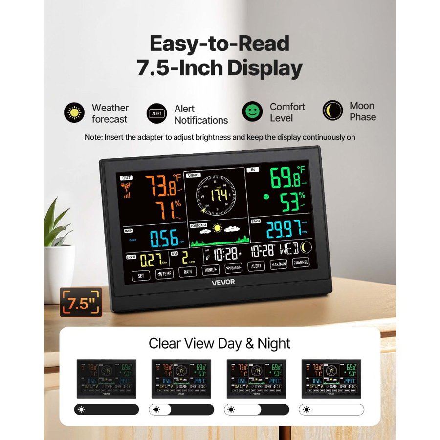 VEVOR Wireless Weather Station – 7-in-1, UV, 7.5 Inches VA