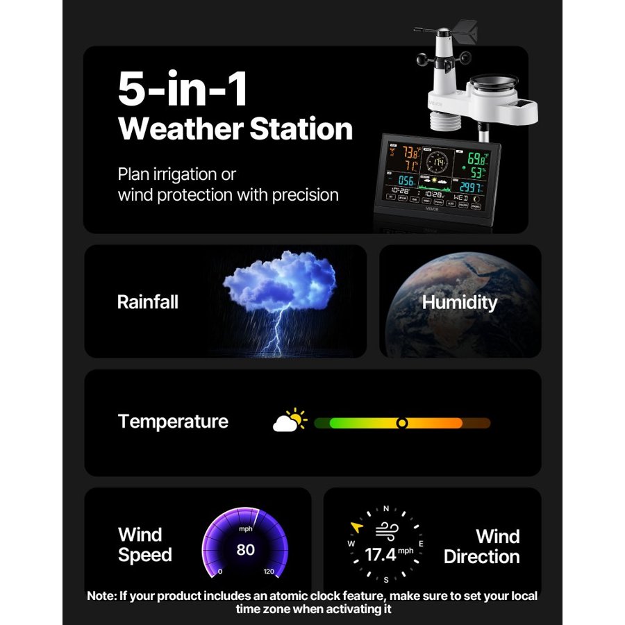 VEVOR 5 in 1 Weather Station – 7.5" Display, 492 Feet Range