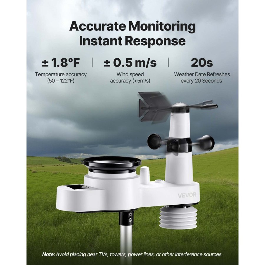 VEVOR 5 in 1 Weather Station – 7.5" Display, 492 Feet Range