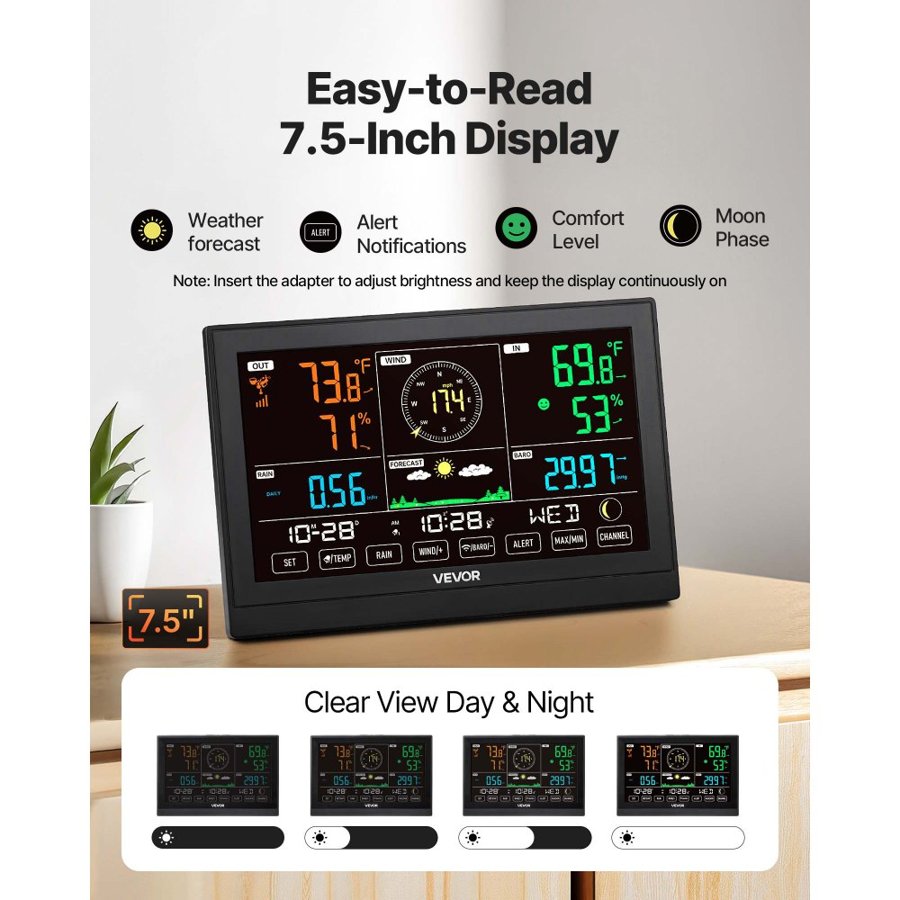 VEVOR 5 in 1 Weather Station – 7.5" Display, 492 Feet Range
