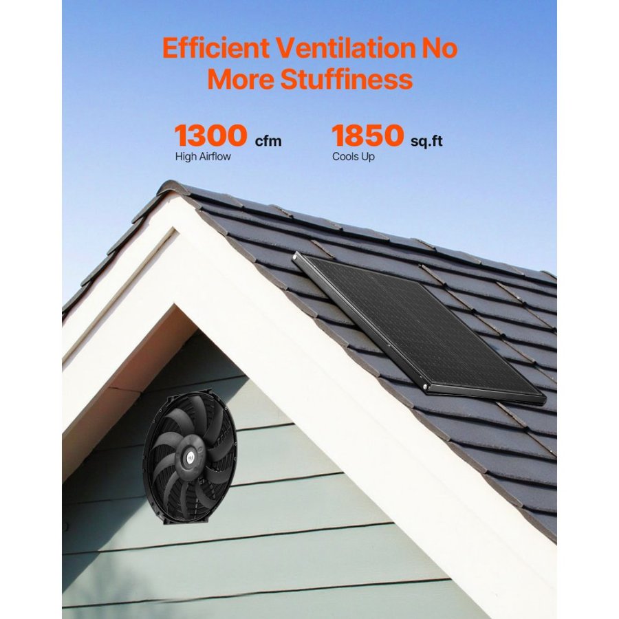 VEVOR Gable Mount Fan, 12 Inch Solar Power Attic Exhaust Fan with Adjustable Thermostat & Outer Mesh, 1300 CFM House Ventilator Cools Up to 1850 Sq.Ft, Quiet Ventilation for Roof, Garage, Shop, Black