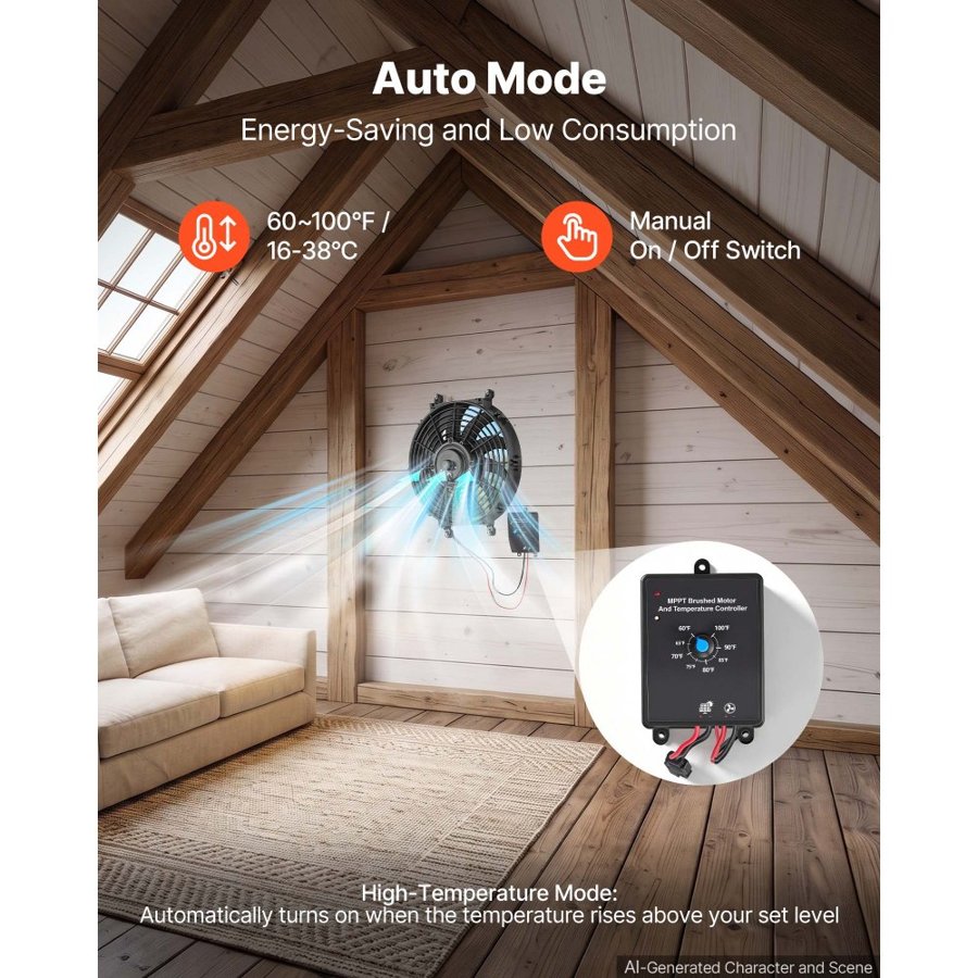 VEVOR Gable Mount Fan, 30.5 cm Solar-Powered Attic Vent Exhaust Fan Black, 1300 CFM Cooling & Ventilation for Roof, Greenhouse, Garage, Shop, with Thermostat & Mounting Brackets, Lightweight PP