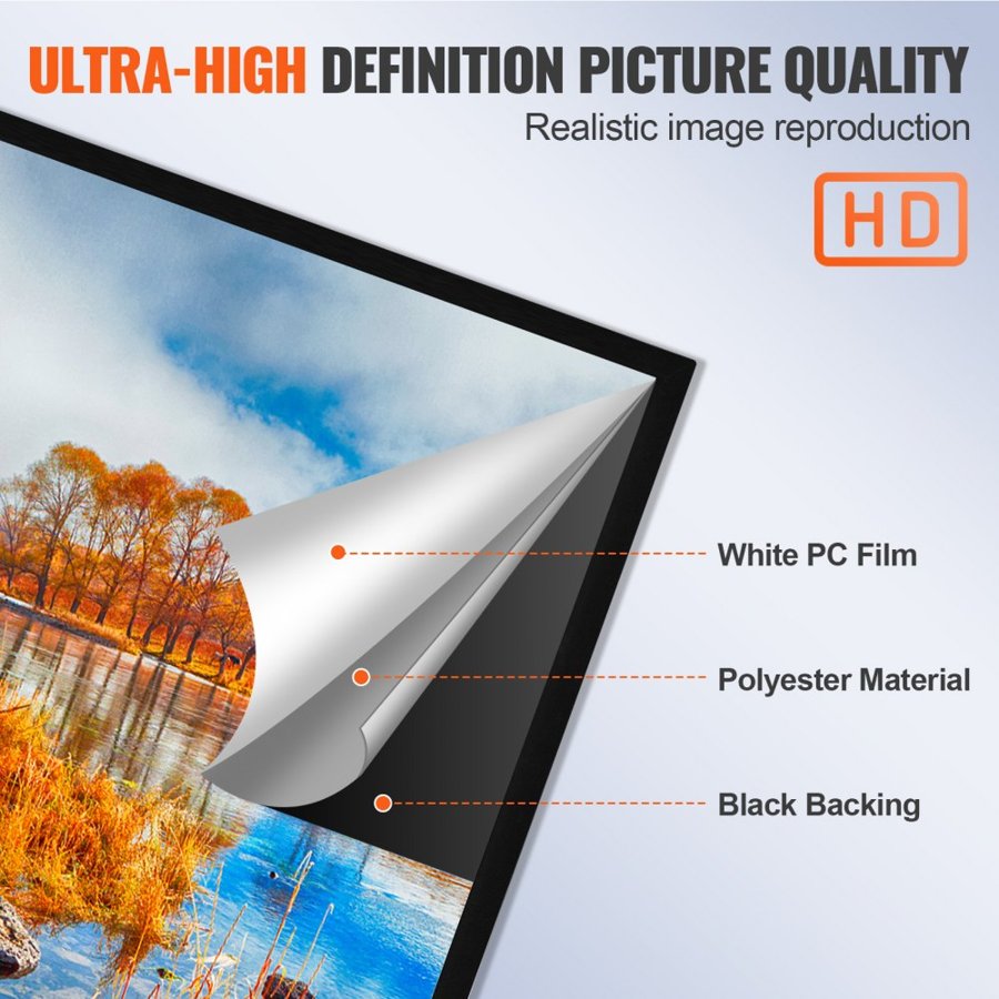 VEVOR 110Inch Diagonal Projector Screen 16:9 4K HD Projector Screen Movie Screen Fixed Frame 3D Projector Screen for Home Threater Outdoor Use(110inch)